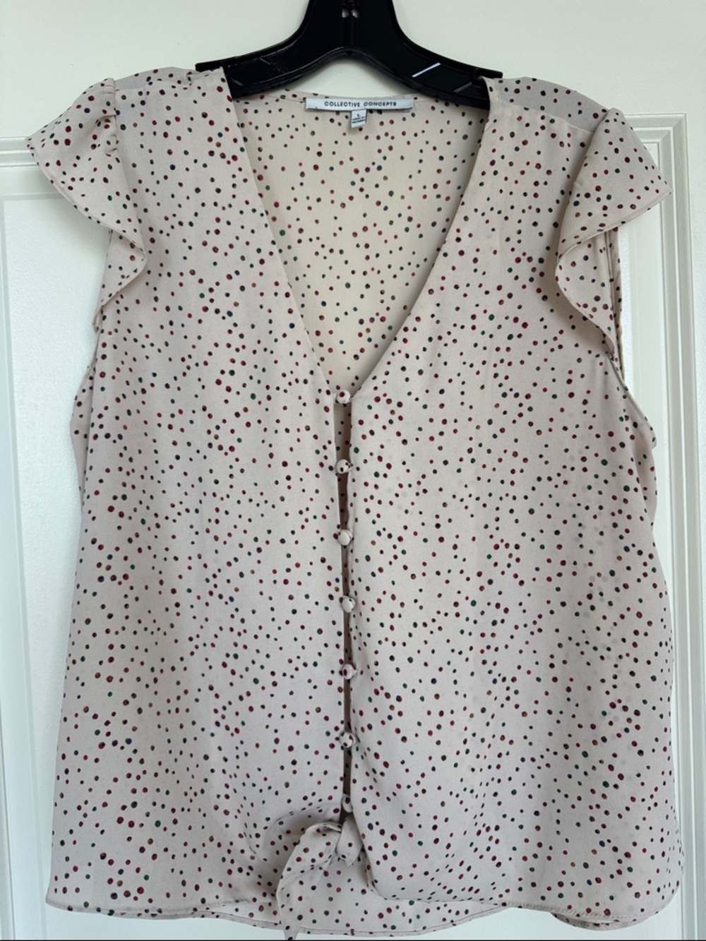 Collective Concepts Taupe Polka Dot Ruffle Sleeve Button Front Top
